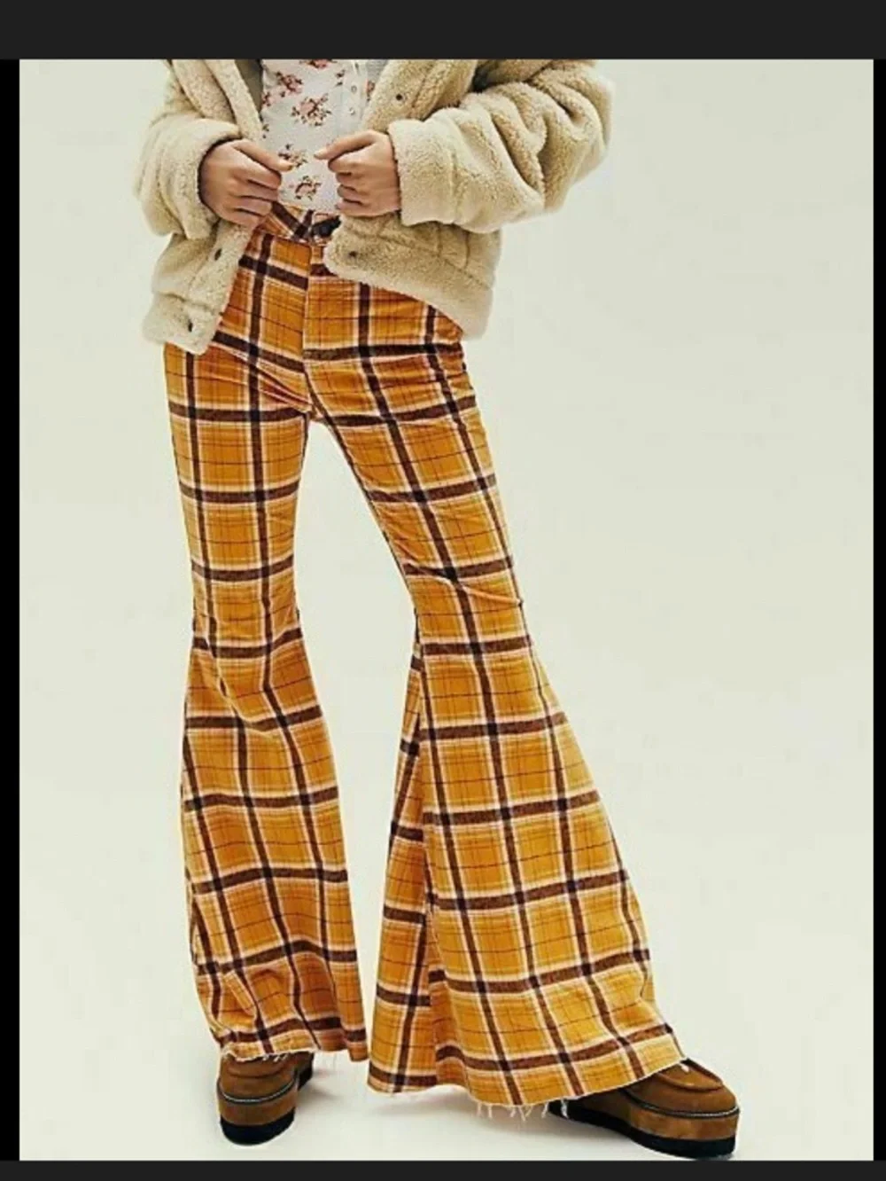 Free People women’s Yellow Plaid Wide Leg Flare Pants Size 32 Retro - Picture 4 of 15